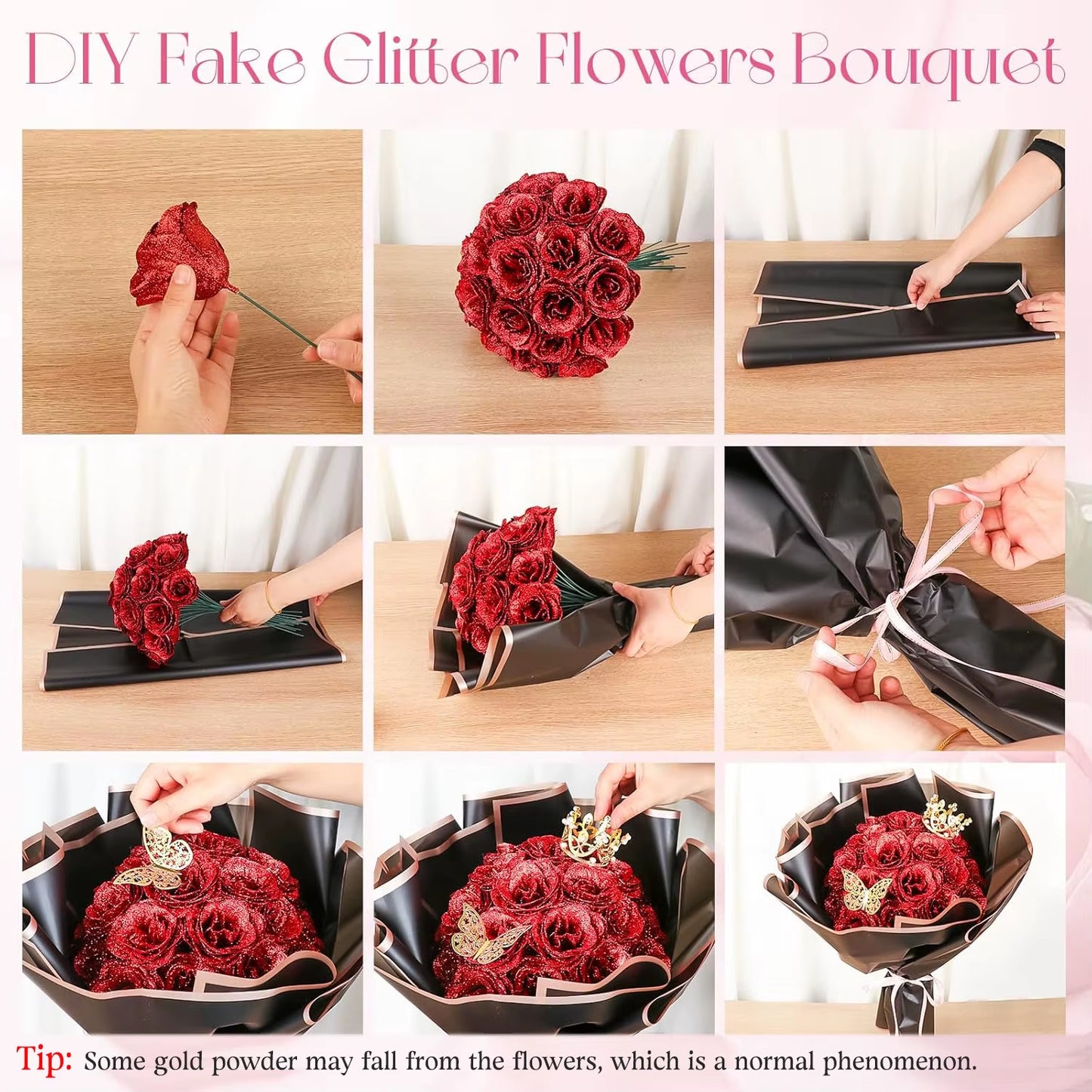24PCS DIY Fake Roses with Golden Butterflies Artificial Rose Home&Room Decor for Wedding Valentine'S Day Mother'S Day
